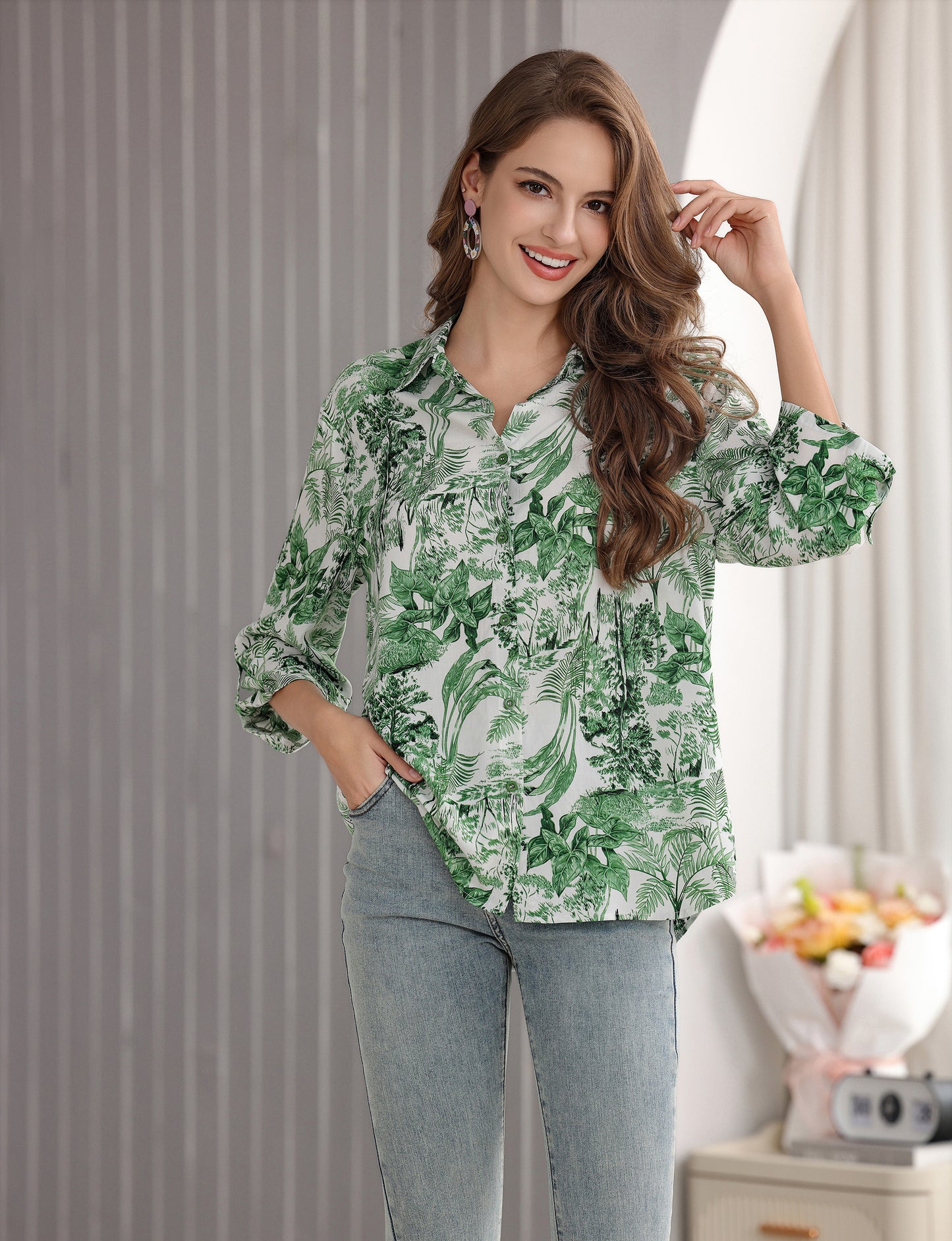 Women's Floral Printed Button Down Shirt with 3/4 Sleeves