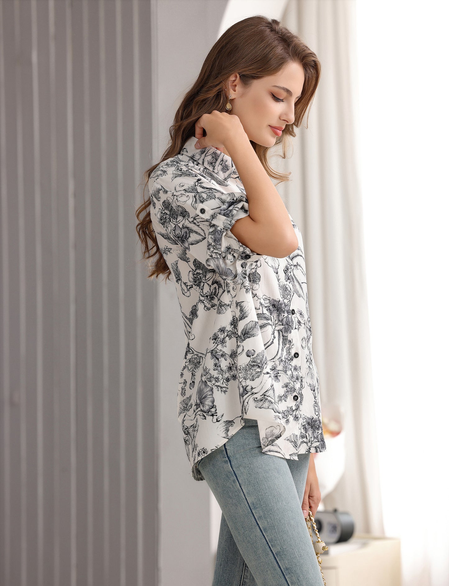 Women's Flower and Leaf Print Tunic Shirt with 3/4 Sleeves