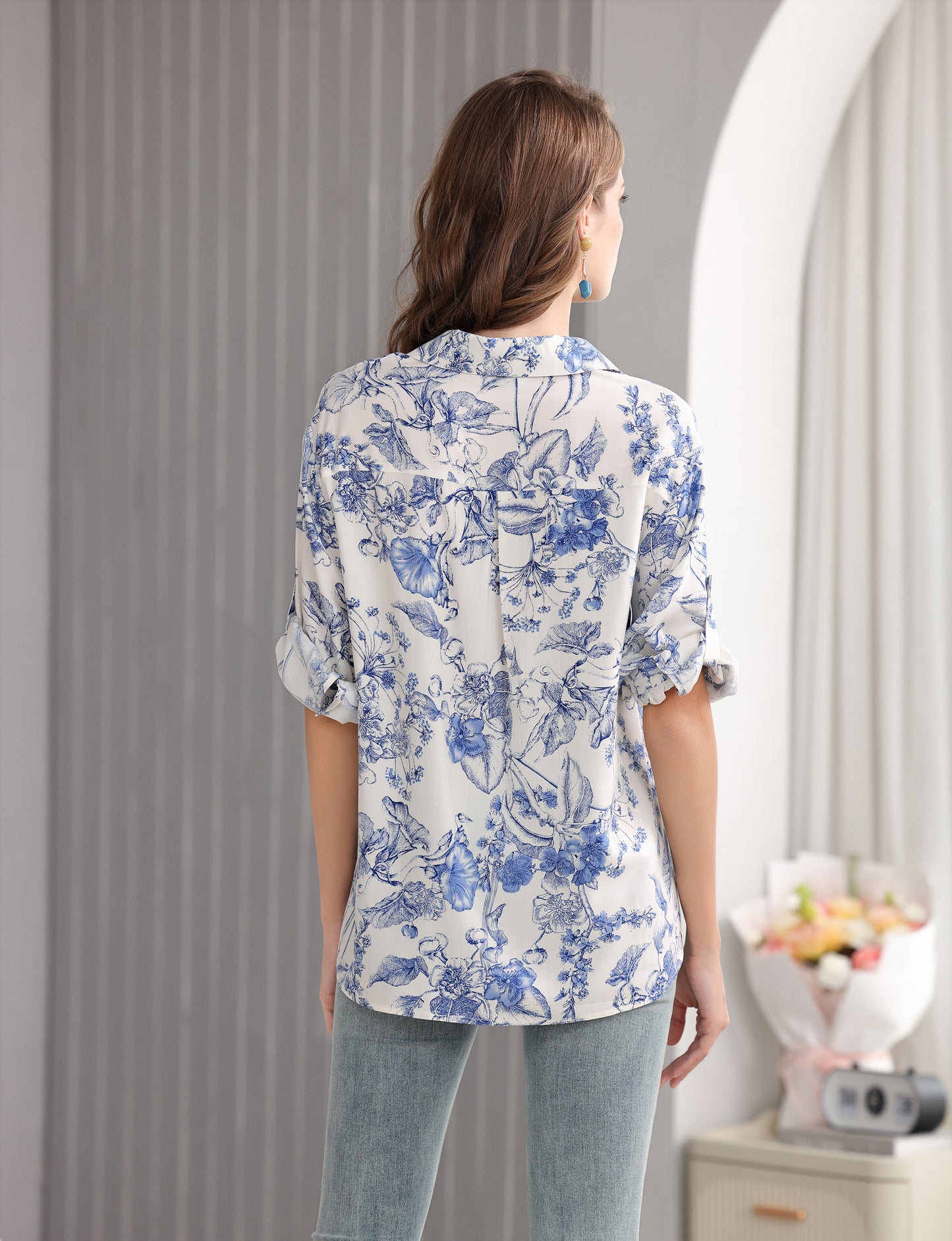Women's Flower and Leaf Print Tunic Shirt with 3/4 Sleeves