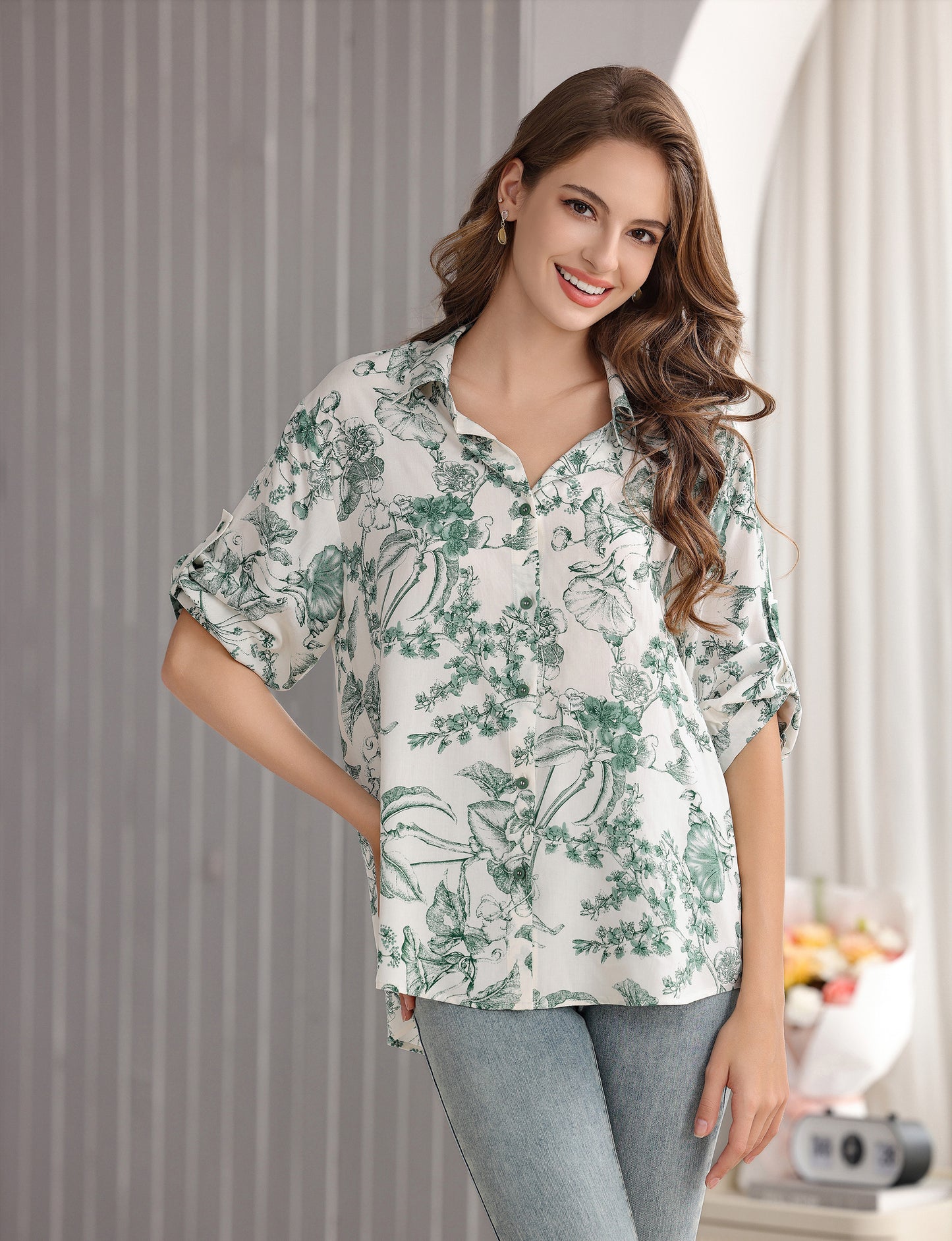 Women's Flower and Leaf Print Tunic Shirt with 3/4 Sleeves