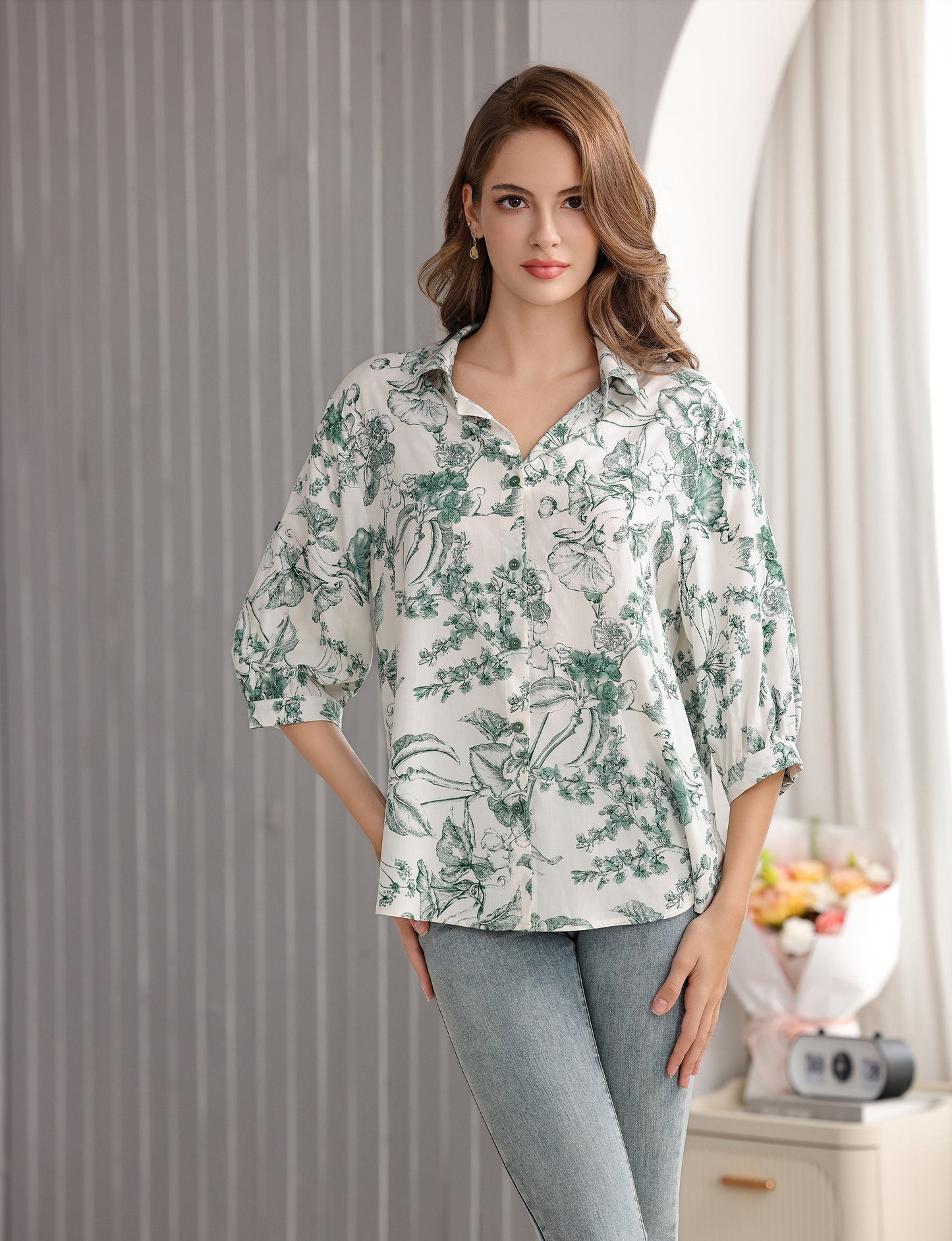 Women's Flower and Leaf Print Tunic Shirt with 3/4 Sleeves