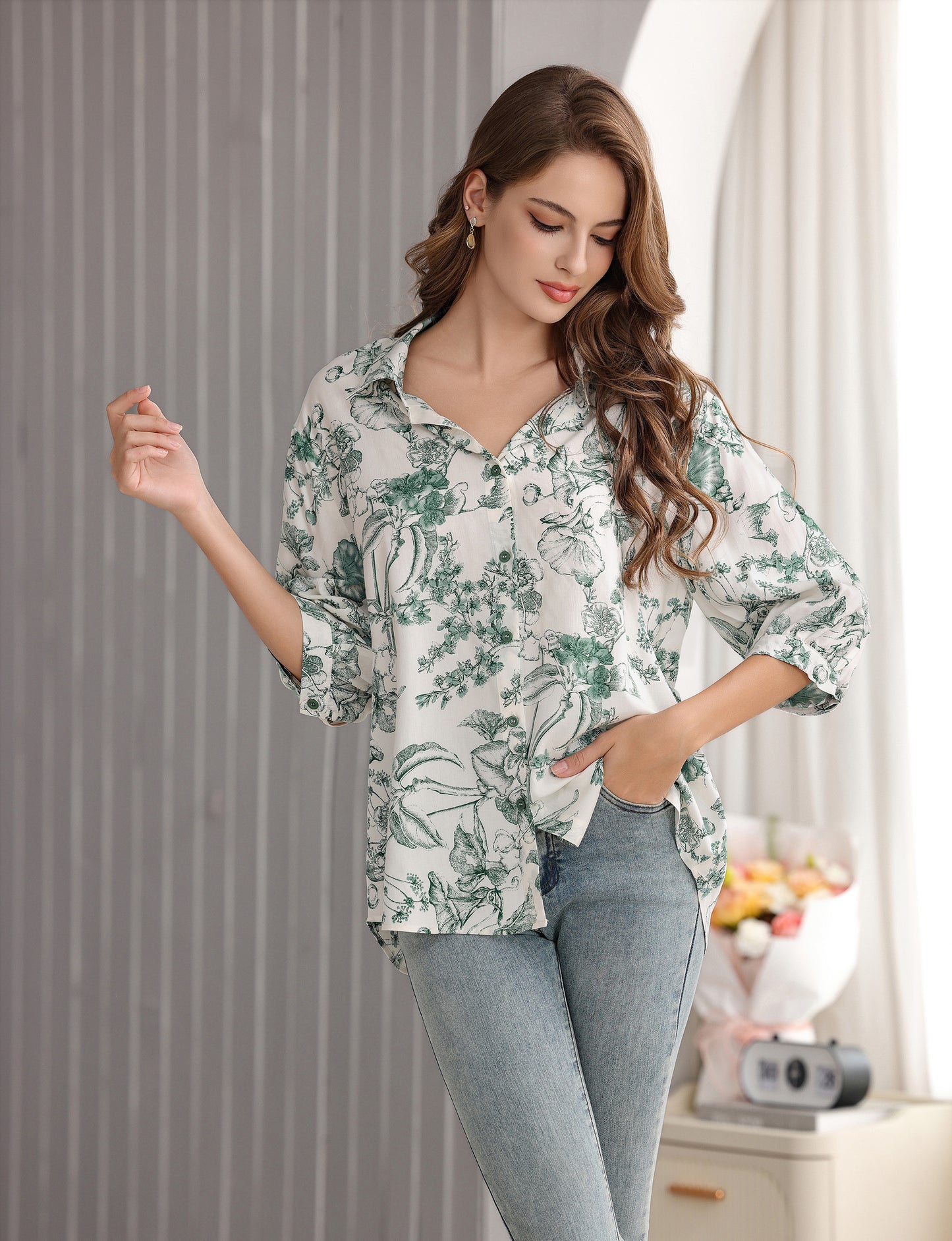 Women's Flower and Leaf Print Tunic Shirt with 3/4 Sleeves