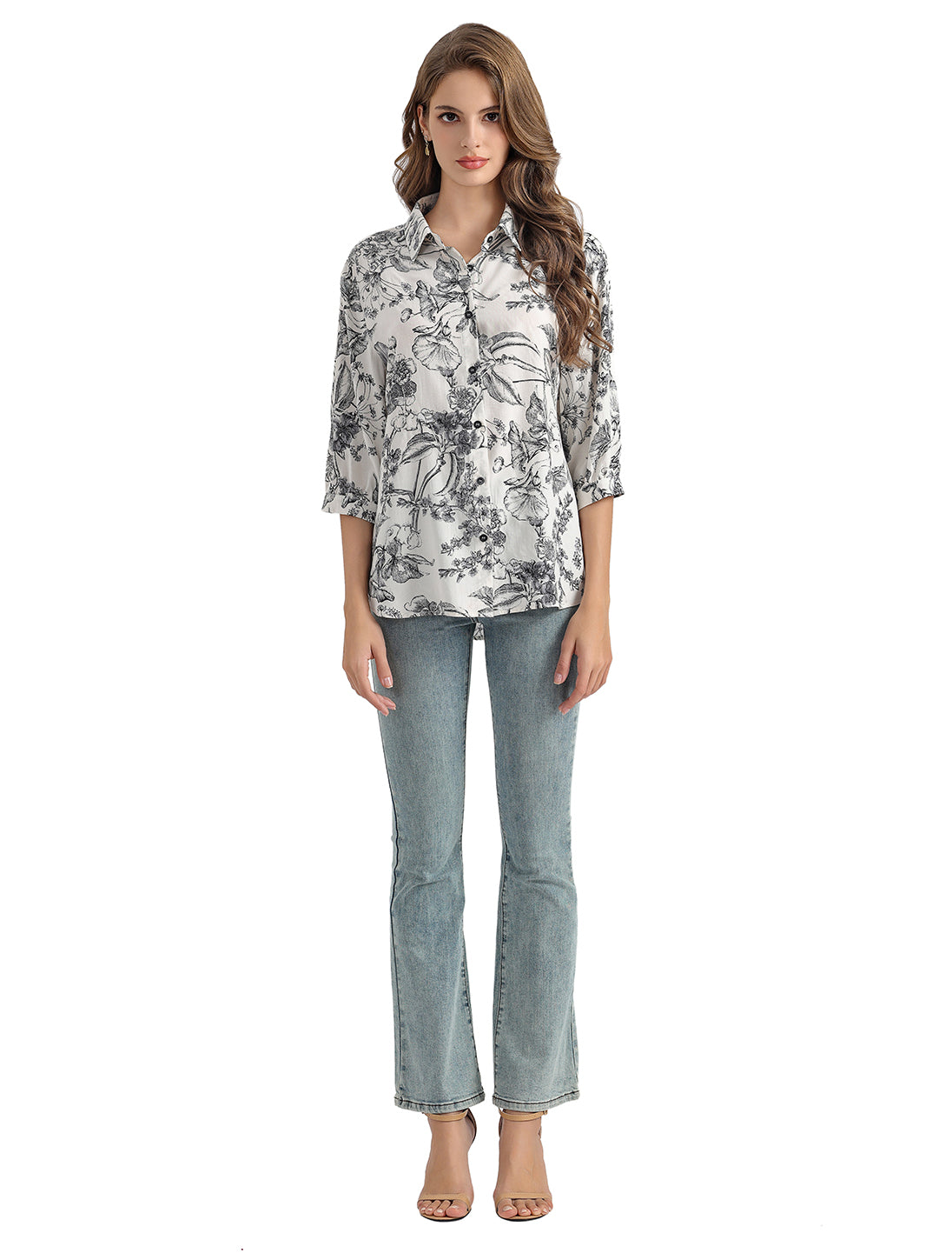 Women's Flower and Leaf Print Tunic Shirt with 3/4 Sleeves