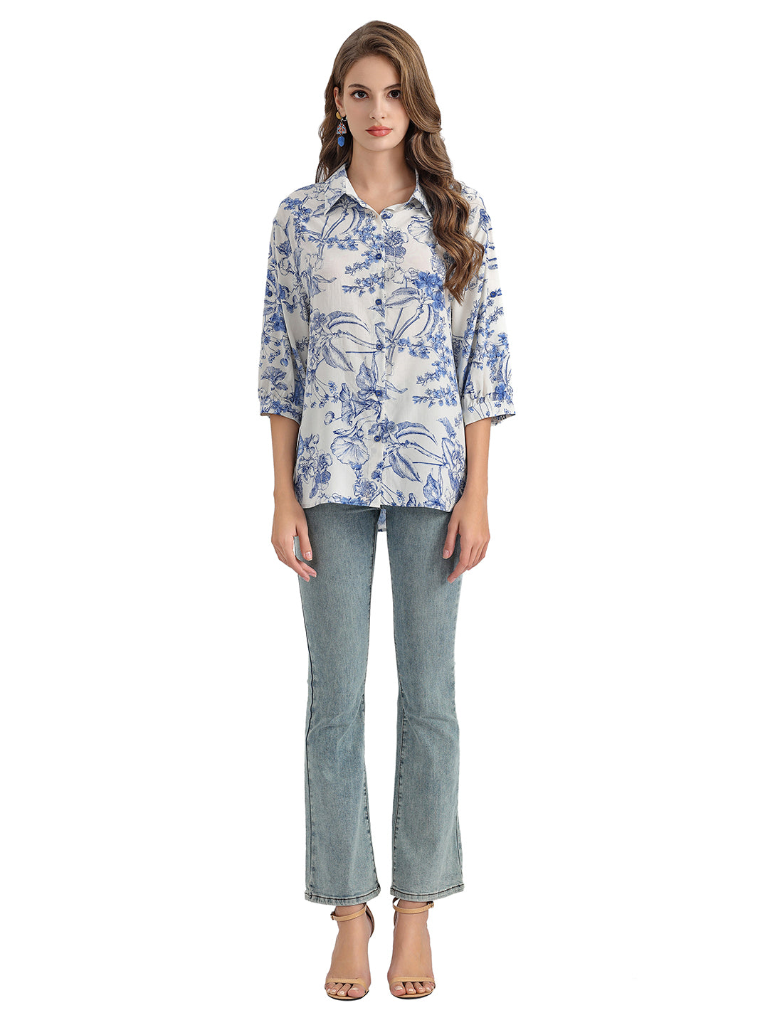 Women's Flower and Leaf Print Tunic Shirt with 3/4 Sleeves