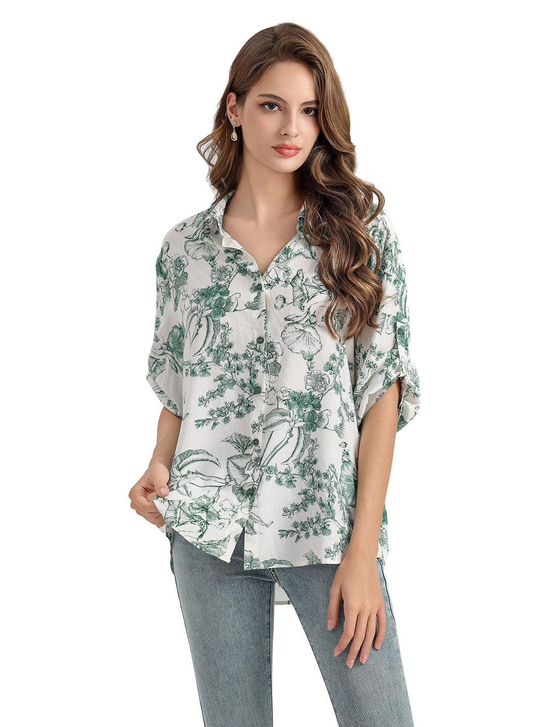 Women's Flower and Leaf Print Tunic Shirt with 3/4 Sleeves