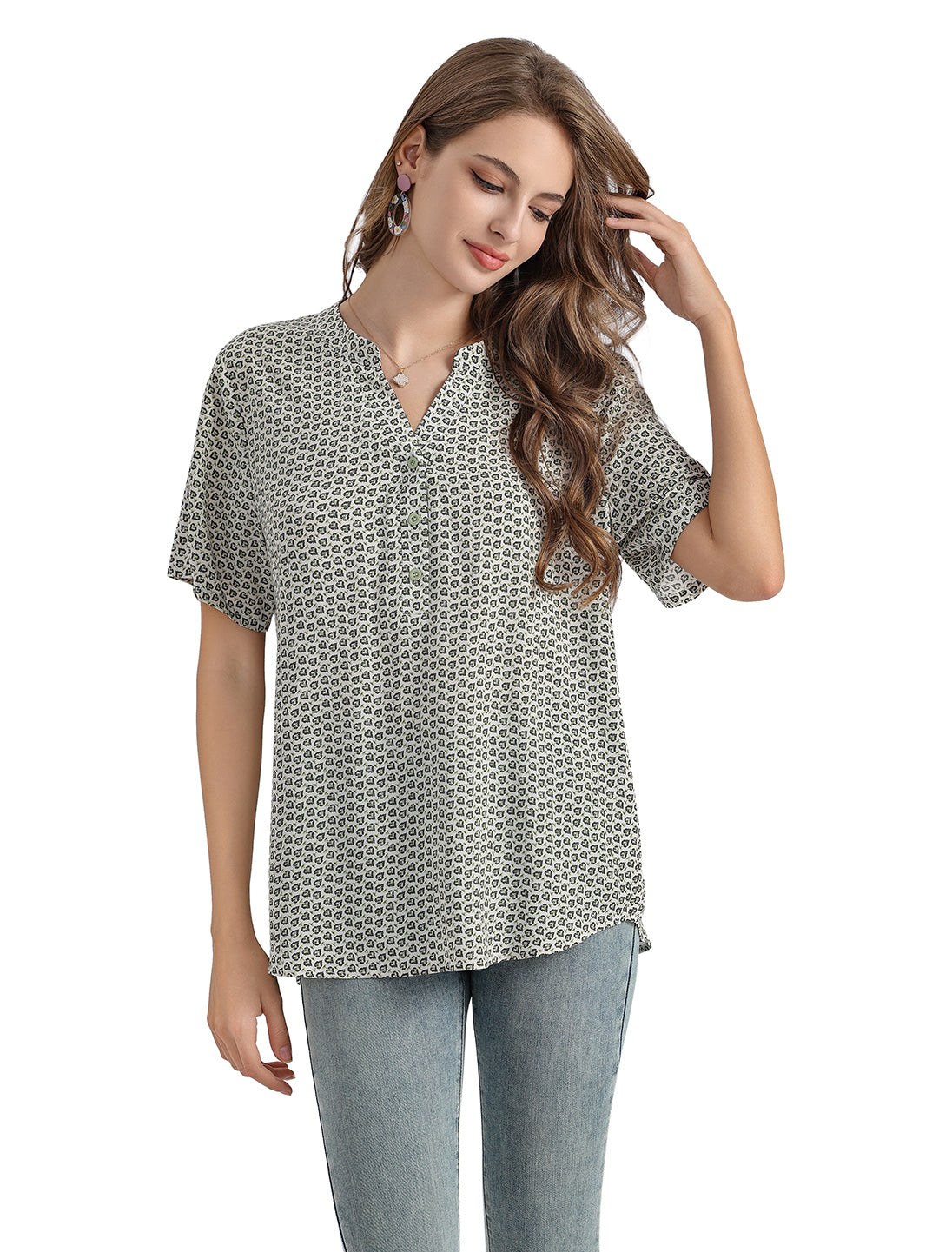 Women's Heart Print Short-Sleeve Pullover Top with V-Neck Mandarin Collar