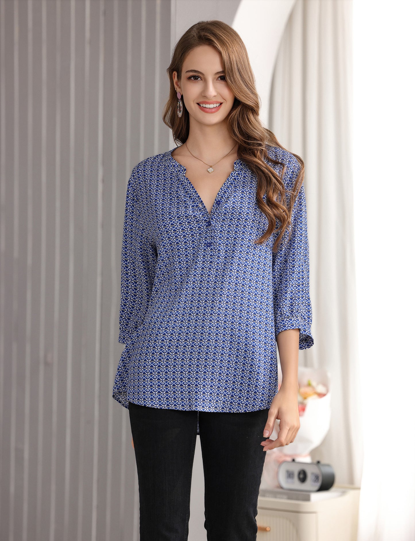 Women's Geometric Print Top with 3/4 Sleeve Roll Tab for Short Sleeve