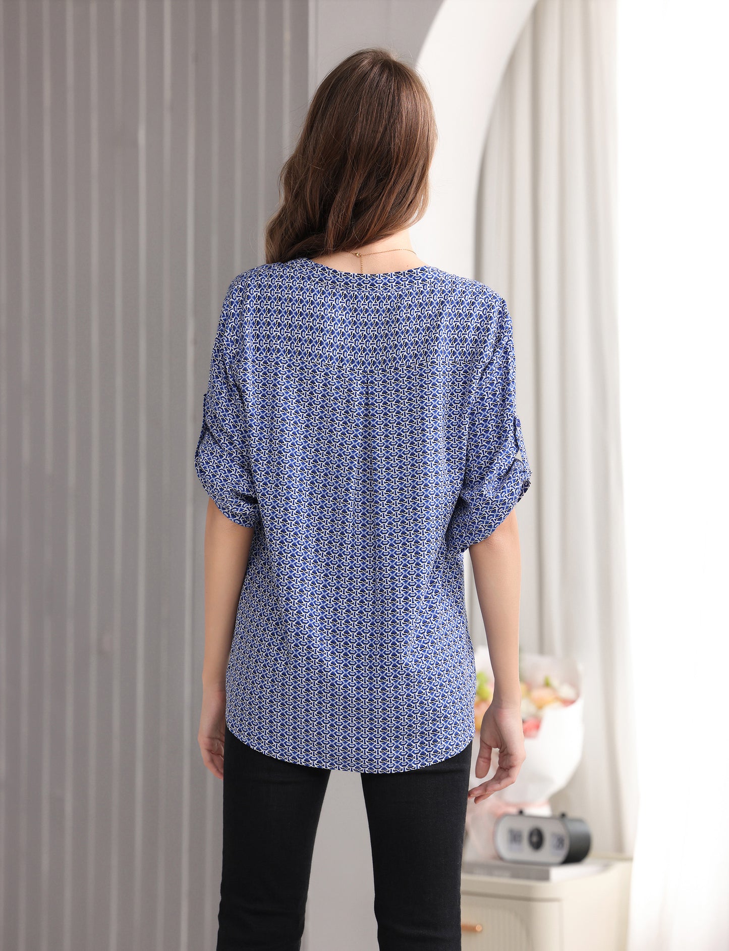 Women's Geometric Print Top with 3/4 Sleeve Roll Tab for Short Sleeve