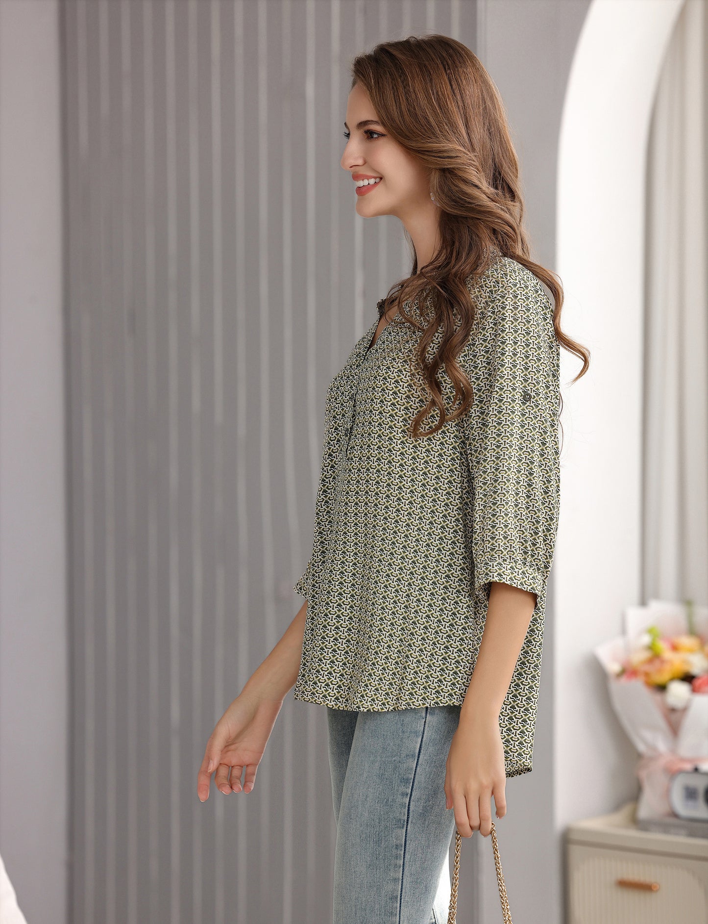 Women's Geometric Print Top with 3/4 Sleeve Roll Tab for Short Sleeve