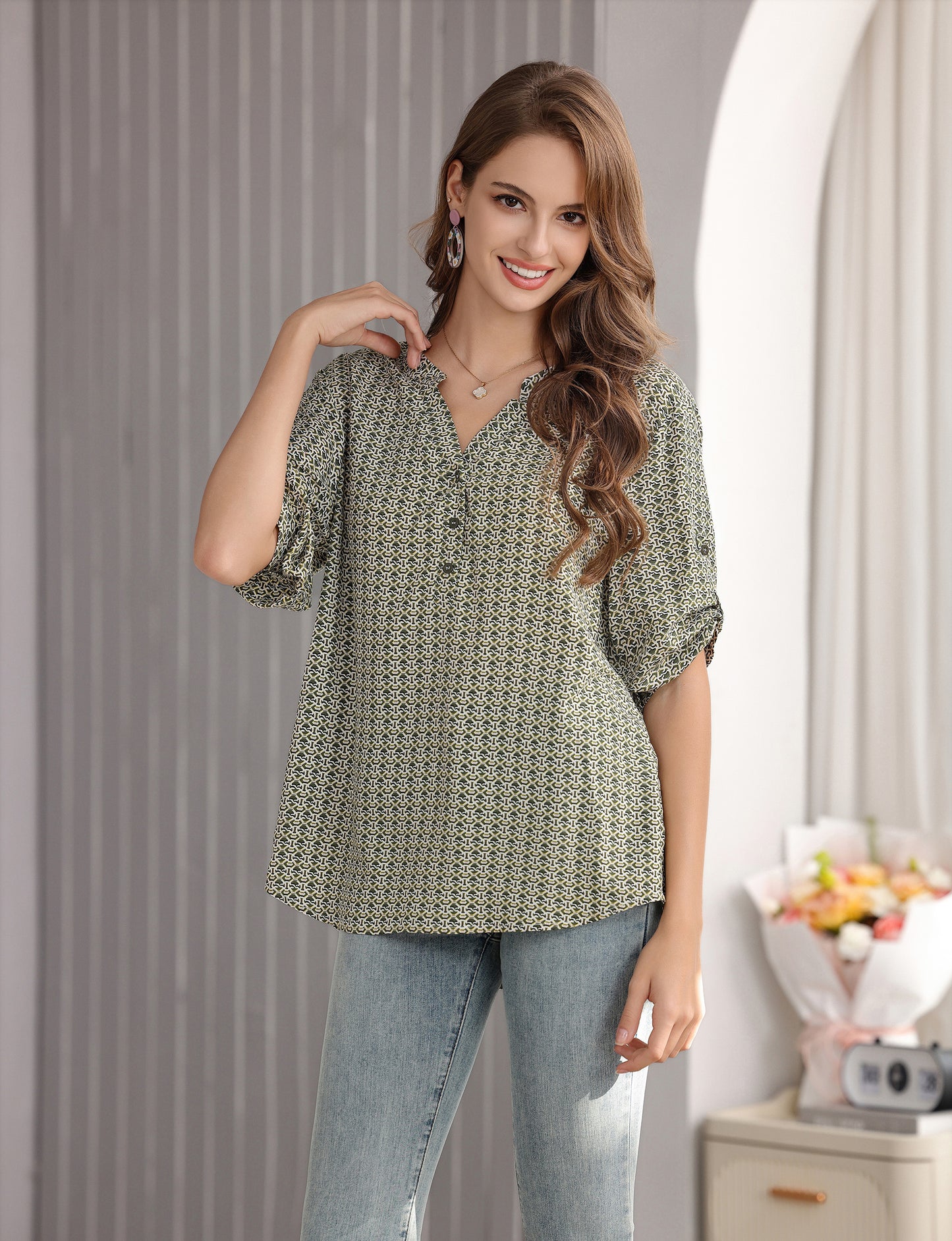 Women's Geometric Print Top with 3/4 Sleeve Roll Tab for Short Sleeve