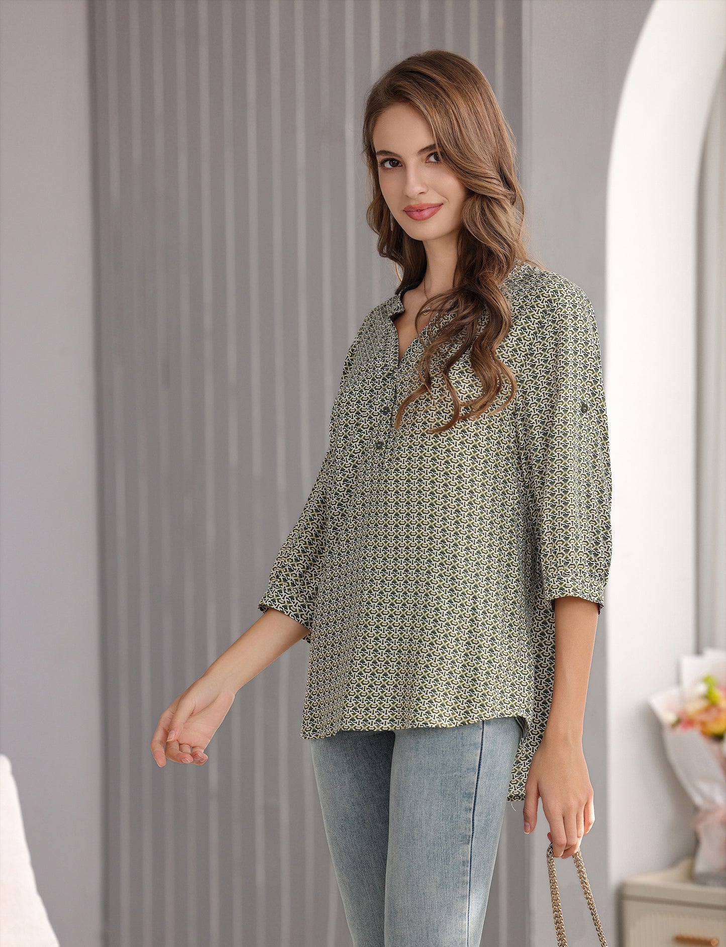 Women's Geometric Print Top with 3/4 Sleeve Roll Tab for Short Sleeve