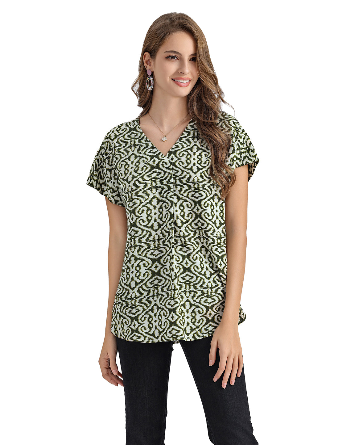 Women's Pullover Tunic Top with Short-Sleeves, Abstract Print