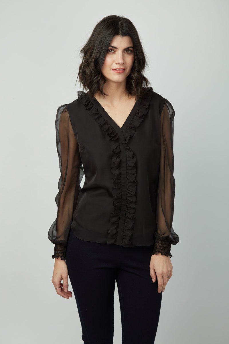 Elegance Emma Top: Women's Long Sleeve V-Neck Ruffle Chiffon shirt - Polyester Slim Fit Casual Blouse