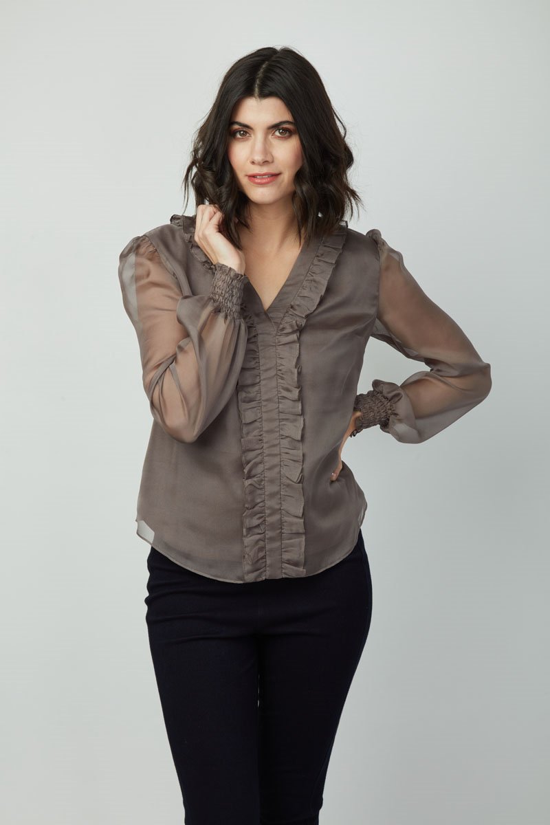 Elegance Emma Top: Women's Long Sleeve V-Neck Ruffle Chiffon shirt - Polyester Slim Fit Casual Blouse