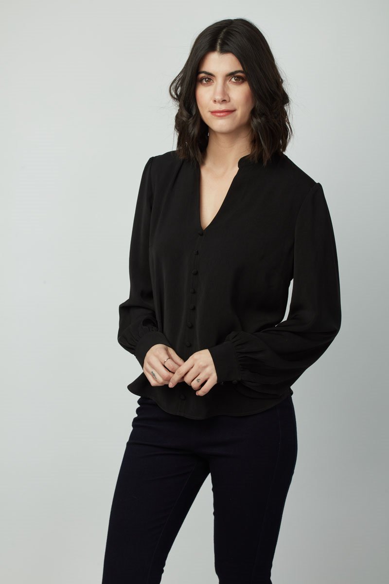 Button Detail Workwear Elegant V Neck Penny Top for Women– Trendy T-Shirts, Long Sleeve and Blouses for Ladies