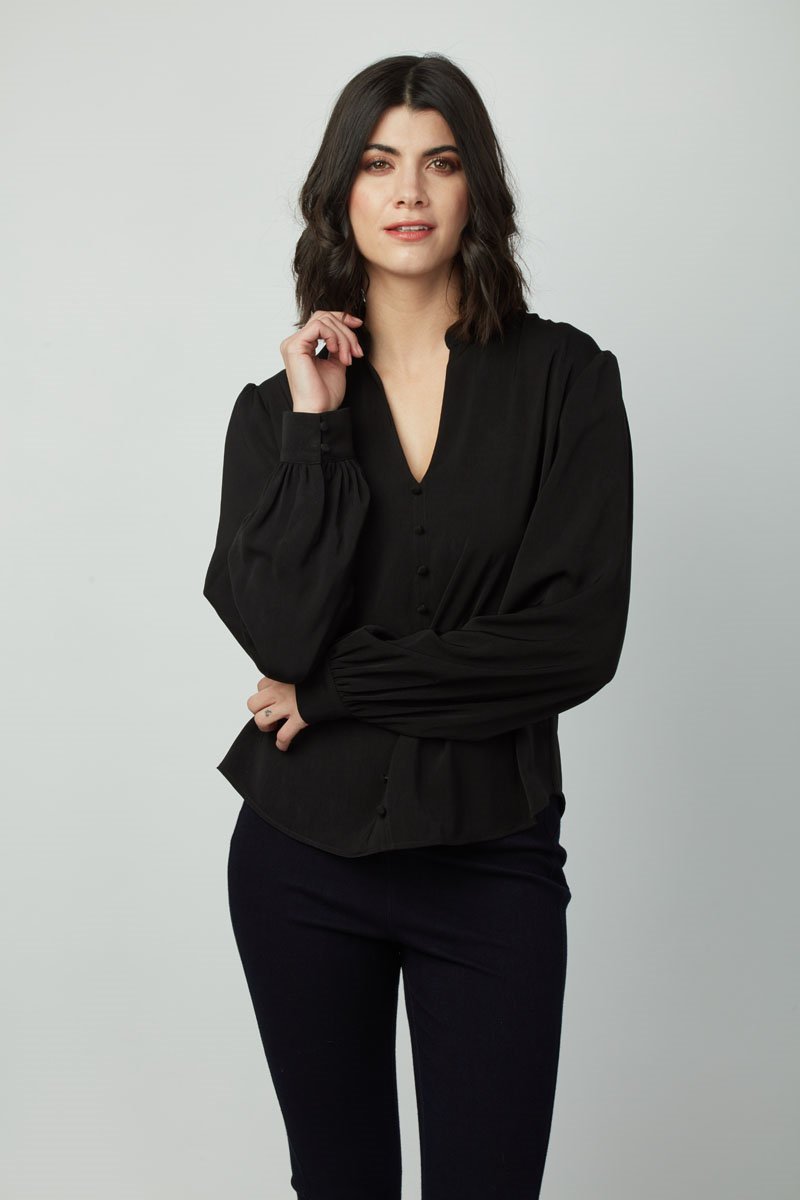 Button Detail Workwear Elegant V Neck Penny Top for Women– Trendy T-Shirts, Long Sleeve and Blouses for Ladies