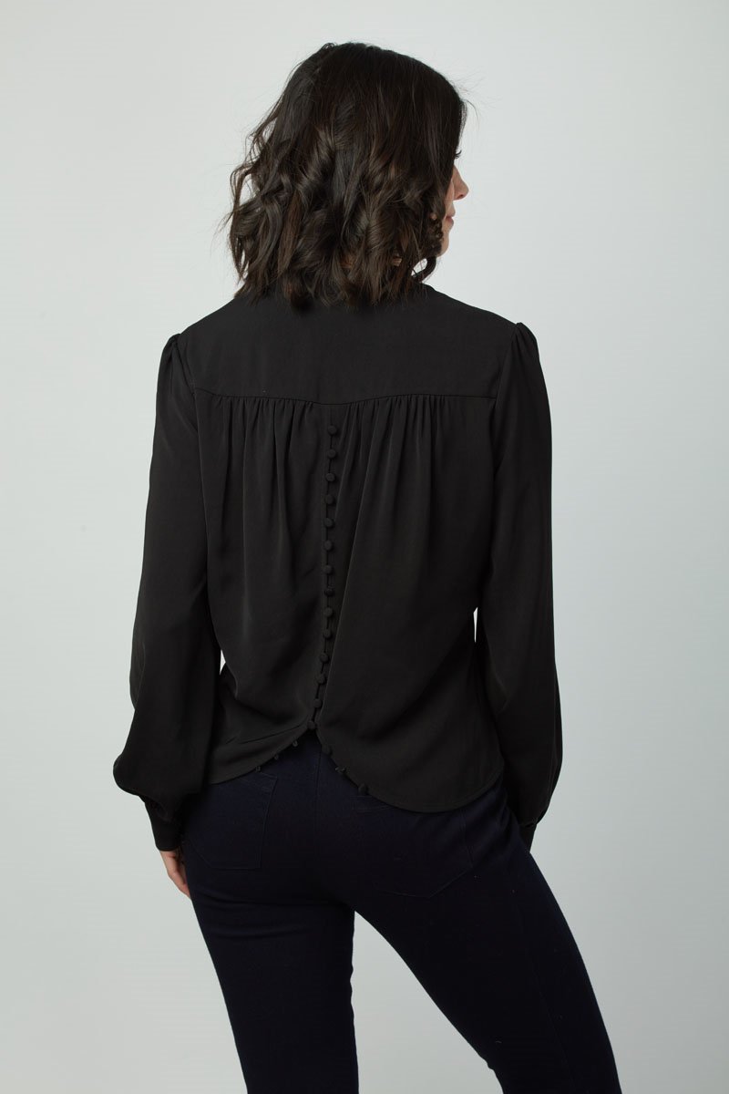 Button Detail Workwear Elegant V Neck Penny Top for Women– Trendy T-Shirts, Long Sleeve and Blouses for Ladies