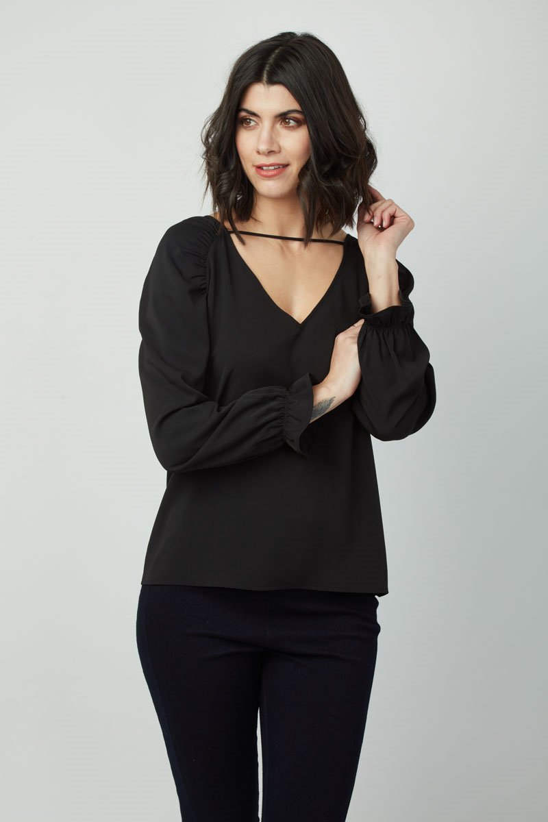 Women's Fall/Winter V Neck Back Tie Dion Top- Long Sleeve, T-shirts, Blouse for Ladies