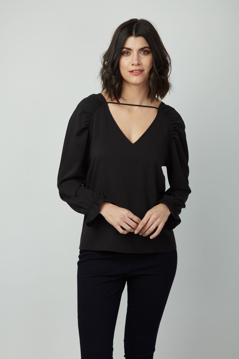 Women's Fall/Winter V Neck Back Tie Dion Top- Long Sleeve, T-shirts, Blouse for Ladies
