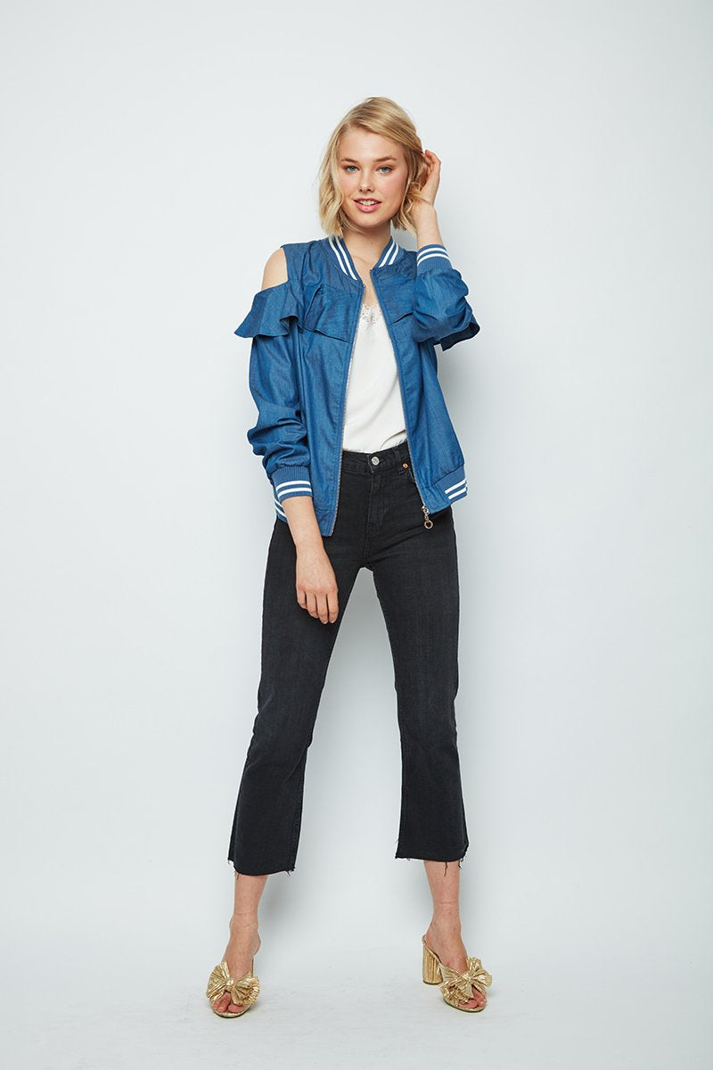 Repeat Cold Shoulder Ruffle Bomber Deb Jacket