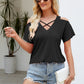Cold Shoulder Tops for Women Summer Shirts V Neck Criss Cross Tops Sexy Blouse, Solid Color S-XXL