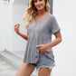 Women Tops Babydoll Short Sleeve V Neck Button Up Shirts Casual Loose Fit Peplum Blouses