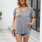 Women Tops Babydoll Short Sleeve V Neck Button Up Shirts Casual Loose Fit Peplum Blouses