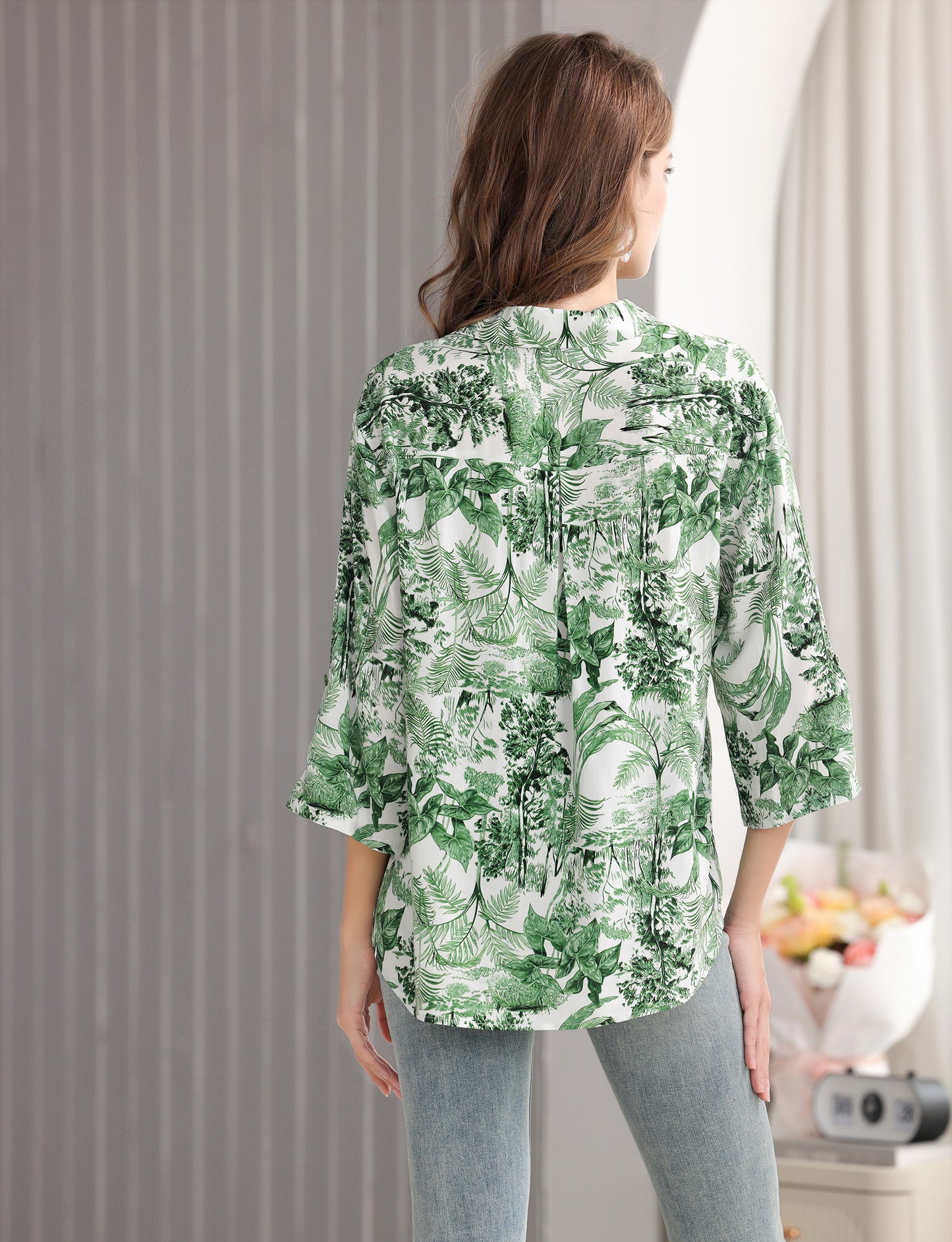 Women's Floral Printed Button Down Shirt with 3/4 Sleeves
