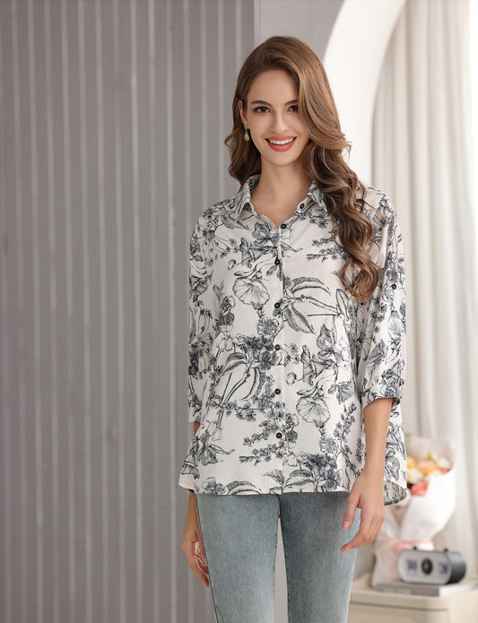 Women’s Flower and Leaf Print Tunic Shirt with 3/4 Sleeves