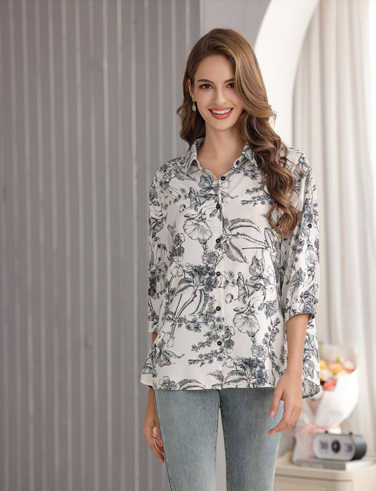 Women's Flower and Leaf Print Tunic Shirt with 3/4 Sleeves