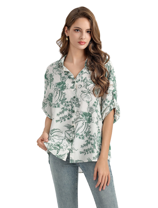 Women's Flower and Leaf Print Tunic Shirt with 3/4 Sleeves