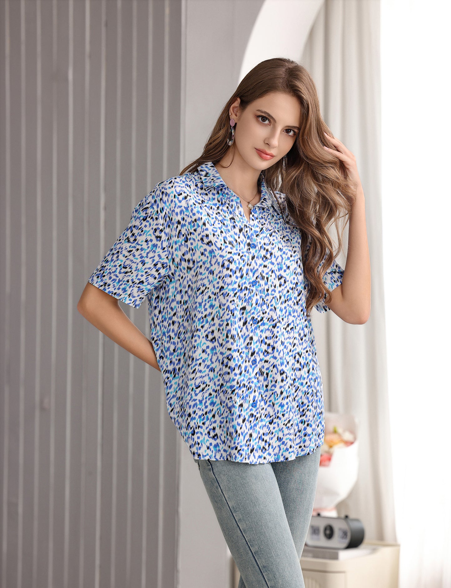 Women's Short Sleeve Button Down Shirt with Colorful Leopard Print