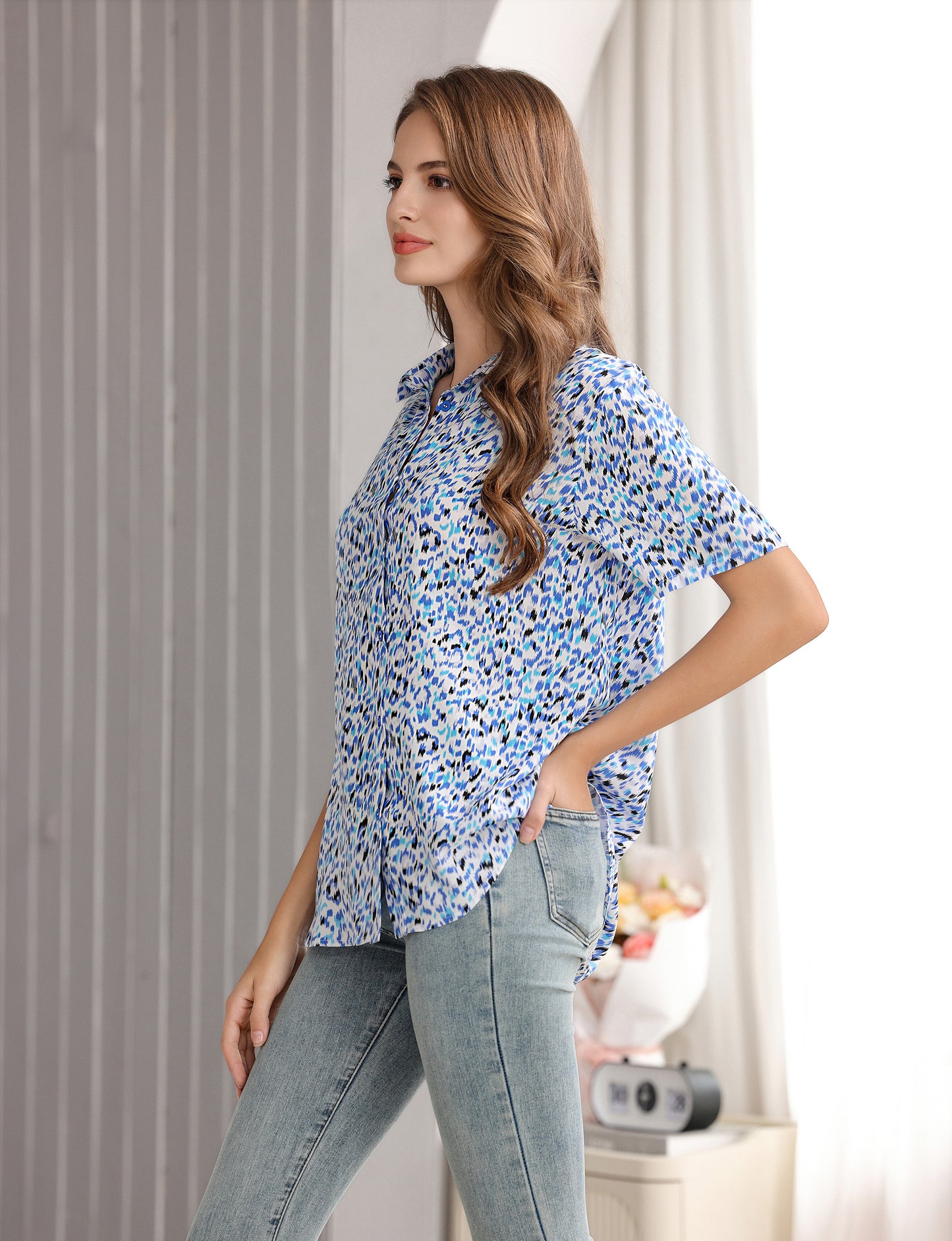 Women's Short Sleeve Button Down Shirt with Colorful Leopard Print