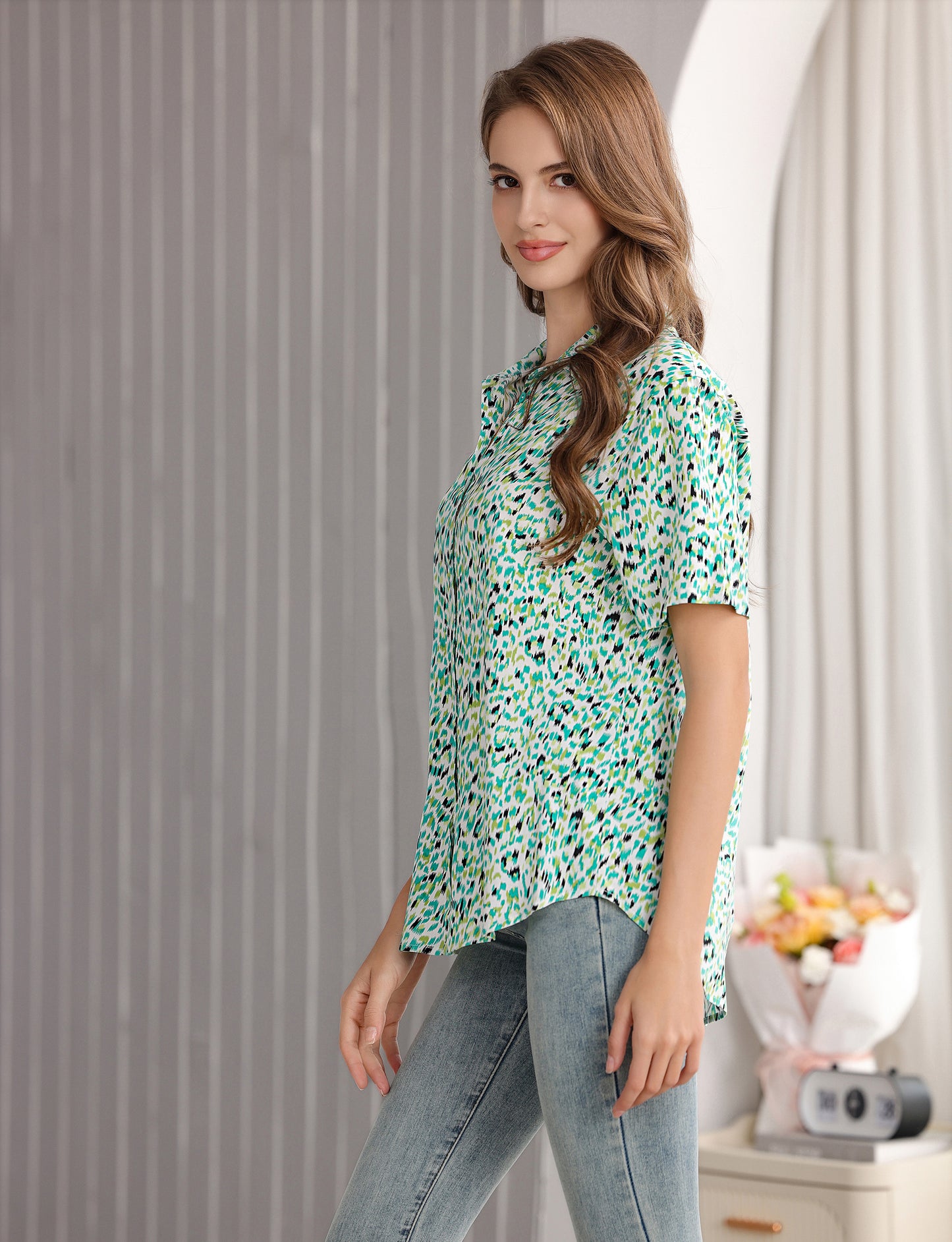 Women's Short Sleeve Button Down Shirt with Colorful Leopard Print