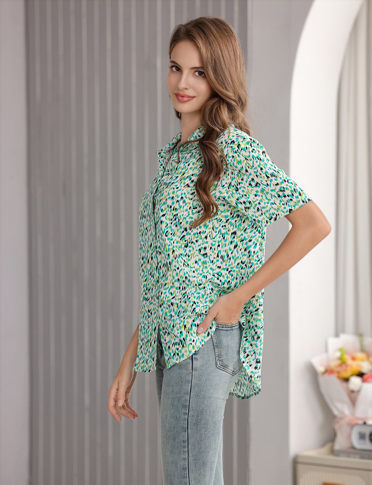Women's Short Sleeve Button Down Shirt with Colorful Leopard Print