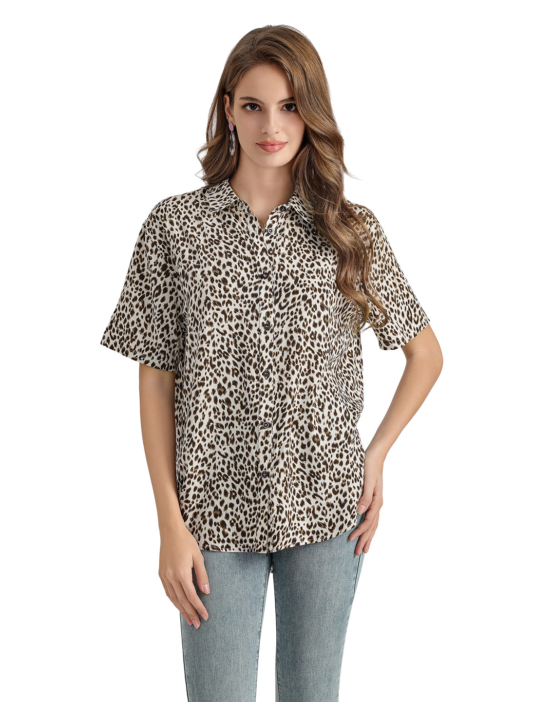 Women's Short Sleeve Button Down Shirt with Colorful Leopard Print
