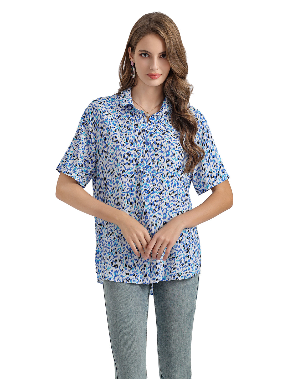 Women's Short Sleeve Button Down Shirt with Colorful Leopard Print