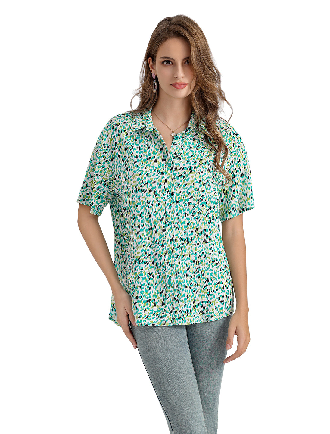 Women's Short Sleeve Button Down Shirt with Colorful Leopard Print