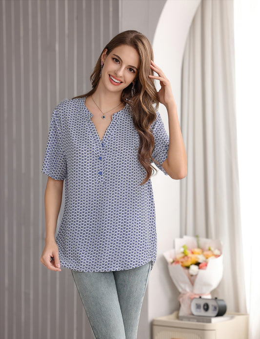 Women's Heart Print Short-Sleeve Pullover Top with V-Neck Mandarin Collar