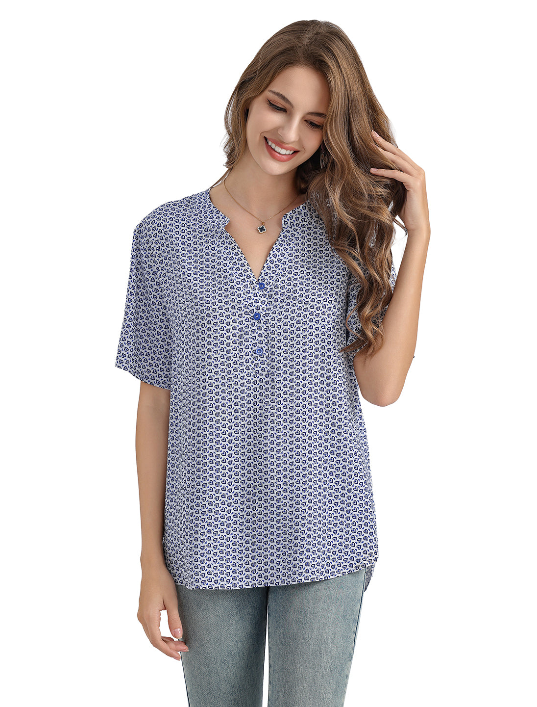 Women's Heart Print Short-Sleeve Pullover Top with V-Neck Mandarin Collar