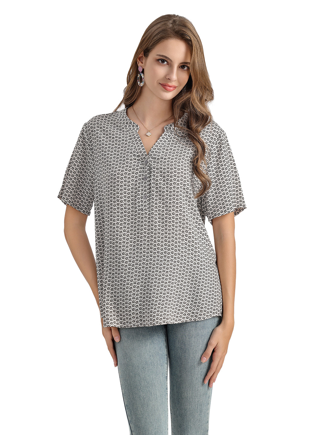 Women's Heart Print Short-Sleeve Pullover Top with V-Neck Mandarin Collar