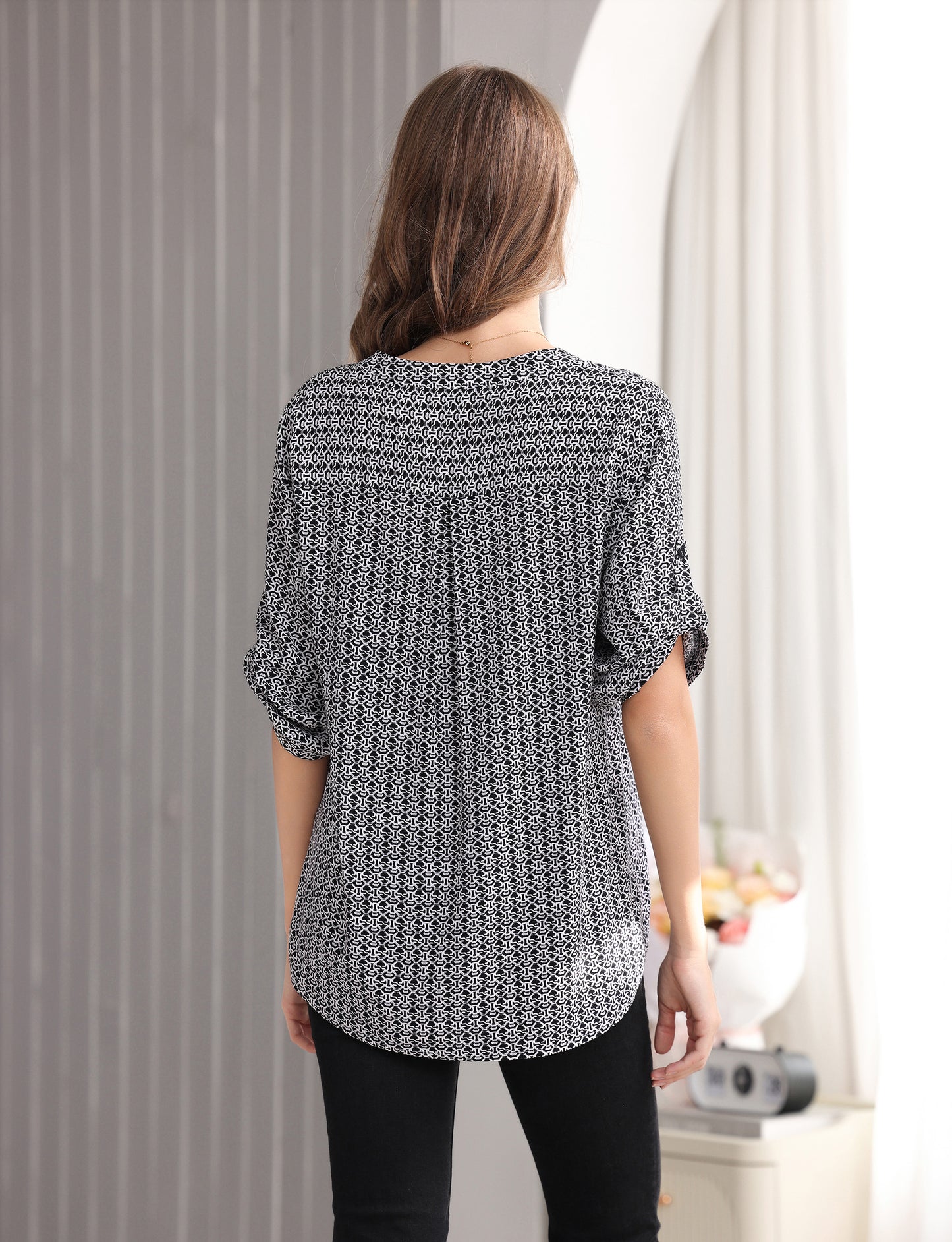 Women's Geometric Print Top with 3/4 Sleeve Roll Tab for Short Sleeve