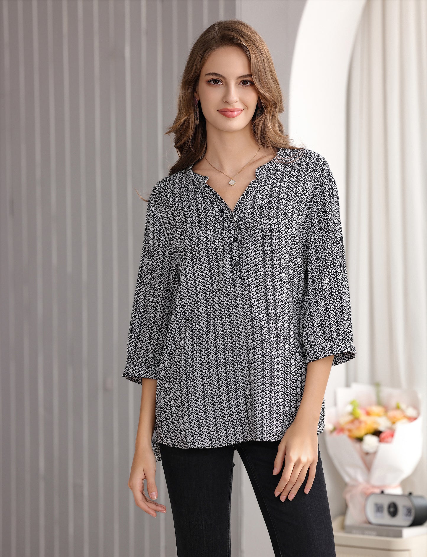 Women's Geometric Print Top with 3/4 Sleeve Roll Tab for Short Sleeve