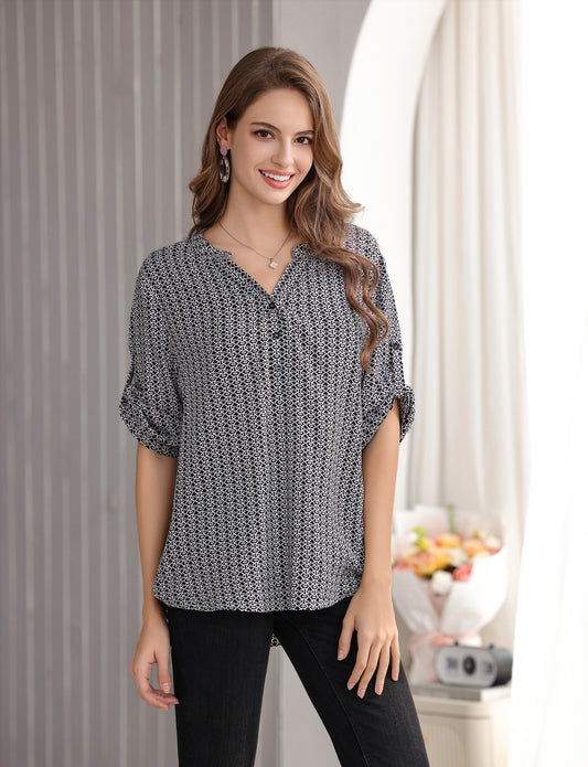 Women’s Geometric Print Top with 3/4 Sleeve Roll Tab for Short Sleeve