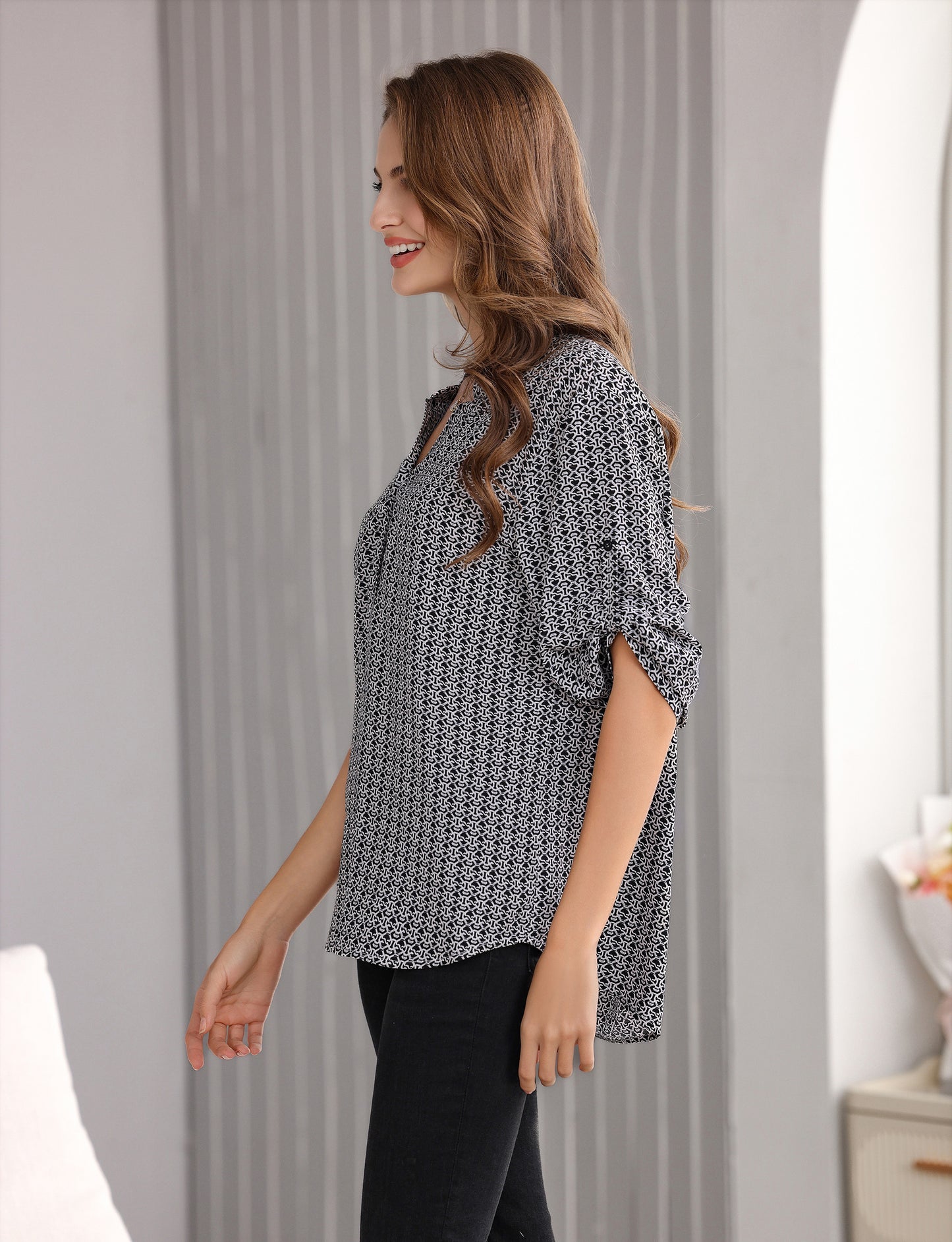 Women's Geometric Print Top with 3/4 Sleeve Roll Tab for Short Sleeve