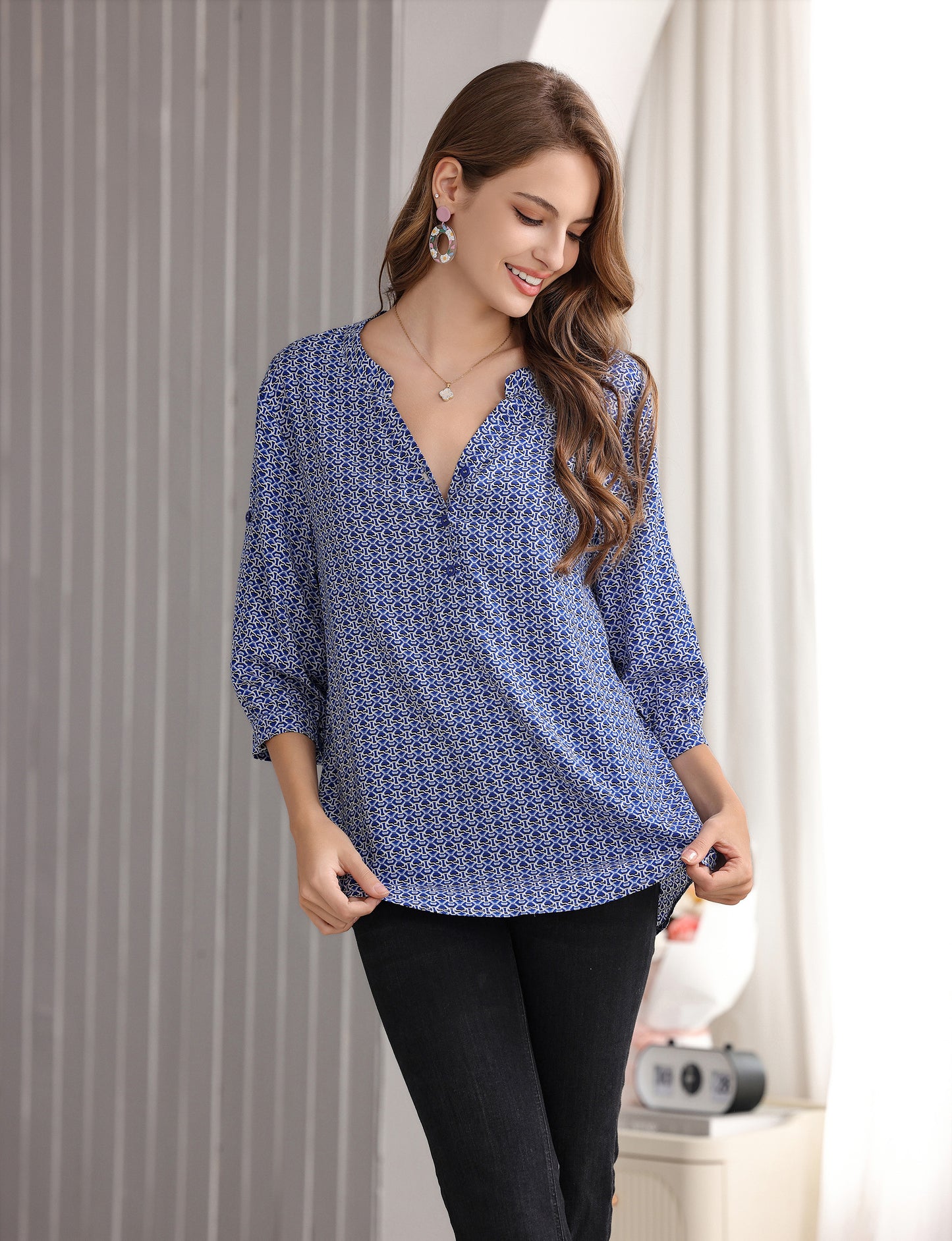 Women's Geometric Print Top with 3/4 Sleeve Roll Tab for Short Sleeve