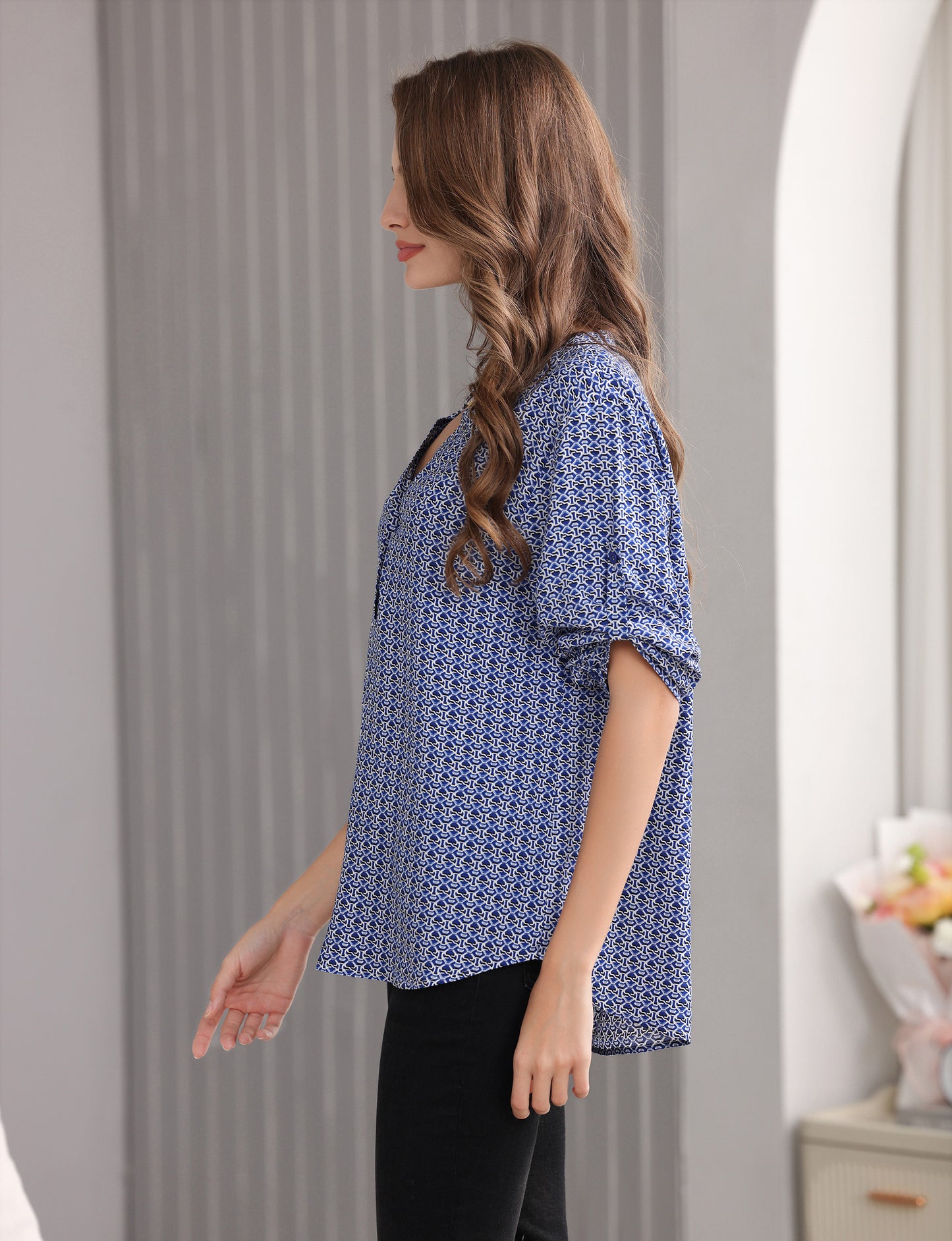 Women's Geometric Print Top with 3/4 Sleeve Roll Tab for Short Sleeve