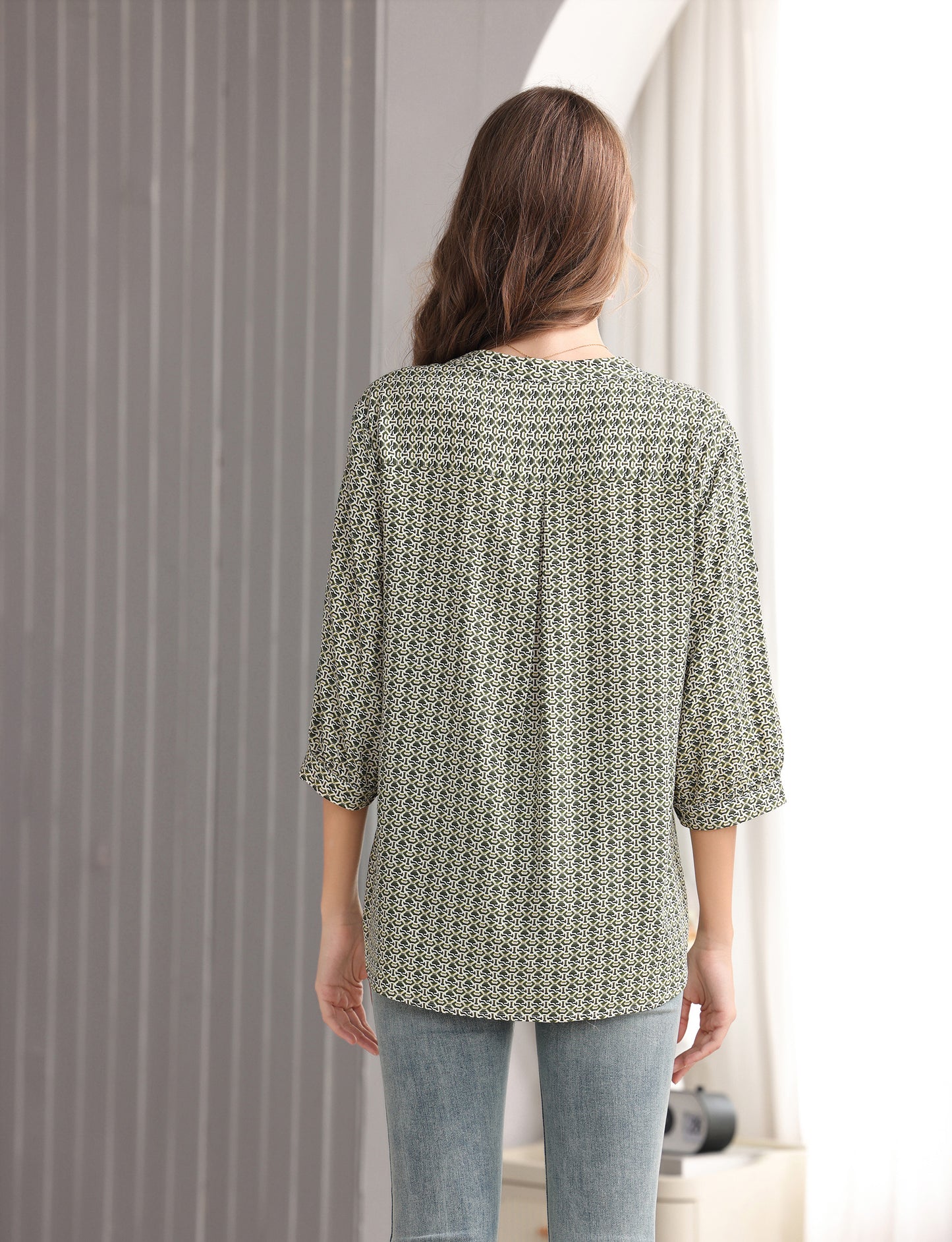 Women's Geometric Print Top with 3/4 Sleeve Roll Tab for Short Sleeve