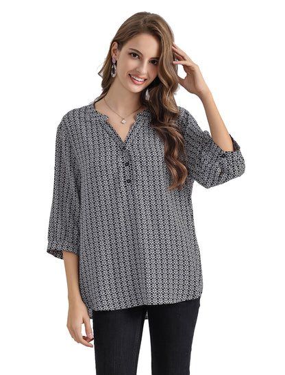 Women's Geometric Print Top with 3/4 Sleeve Roll Tab for Short Sleeve