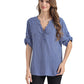 Women's Geometric Print Top with 3/4 Sleeve Roll Tab for Short Sleeve